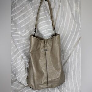 Bimba & Lola XL Slouchy Leather Hobo Tote Shoulder Bag w/Greyhound Logo • Taupe